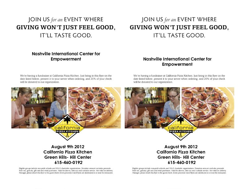 NICE California Pizza Kitchen Fundraiser: August 9, 2012